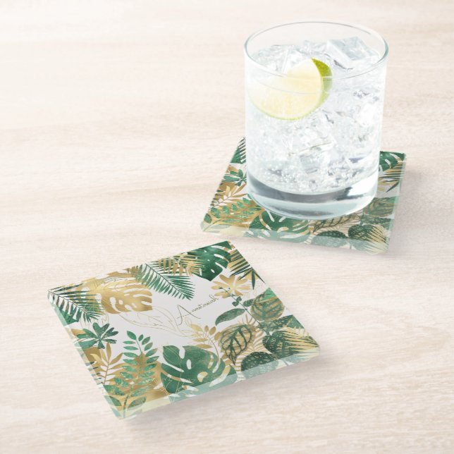 Modern Anastasiah Gold Green Tropical Leaves  Glass Coaster (Angled)