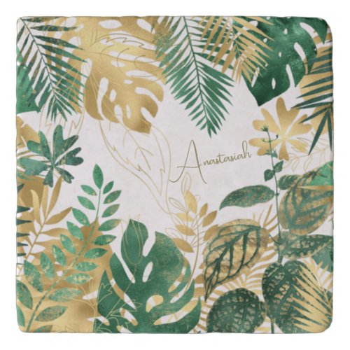 Modern Anastasiah Gold Green Tropical Leaves Trivet