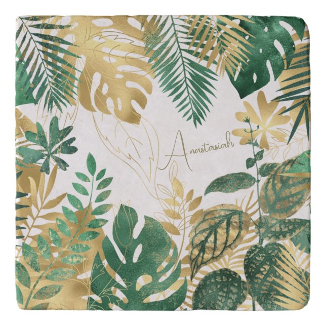 Modern Anastasiah Gold Green Tropical Leaves Trivet (Front)