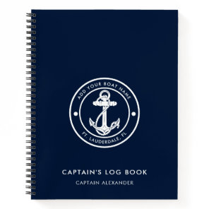 Modern Anchor Boat Name Navy Blue Captains Log Notebook