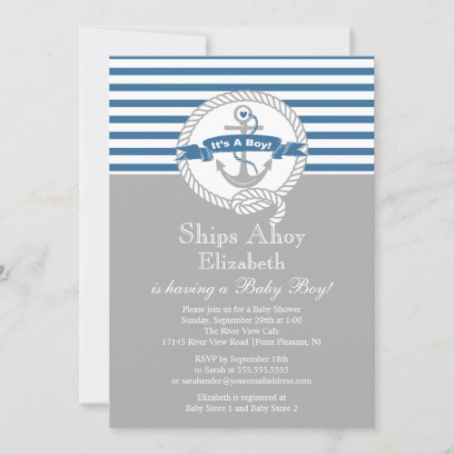Modern Anchor Nautical Sailboat Boy Baby Shower Personalized Invitation
