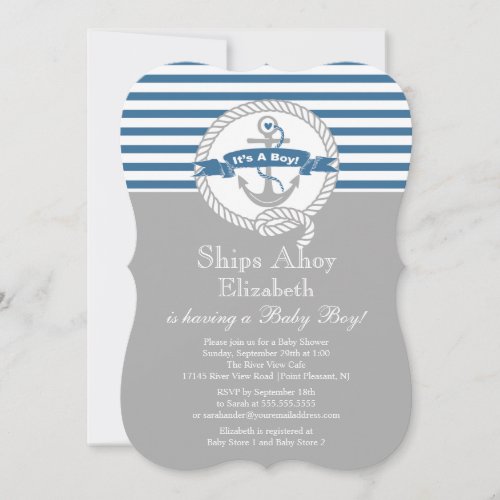 Modern Anchor Nautical Sailboat Boy Baby Shower Personalized Invitation