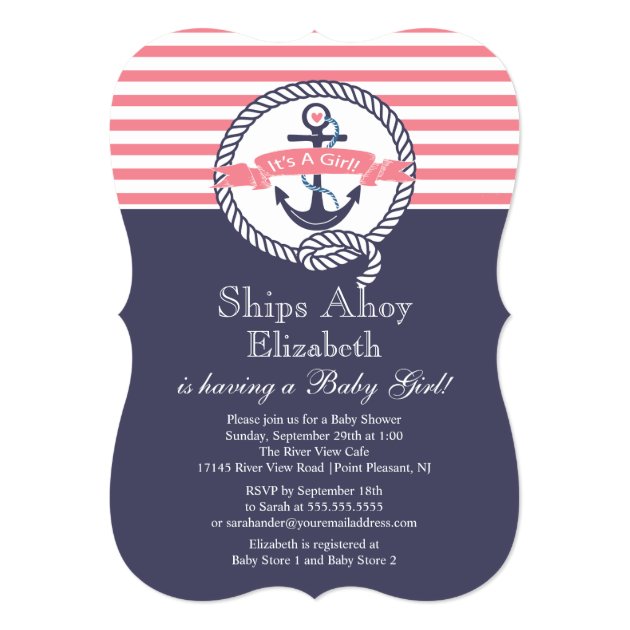 Modern Anchor Nautical Sailboat Girl Baby Shower Invitation