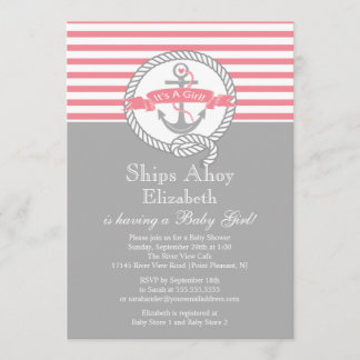 Modern Anchor Nautical Sailboat Girl Baby Shower Invitation