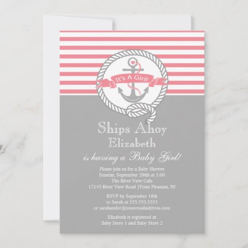 Modern Anchor Nautical Sailboat Girl Baby Shower Invitations