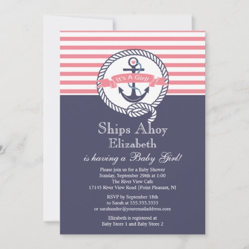 Modern Anchor Nautical Sailboat Girl Baby Shower Invites