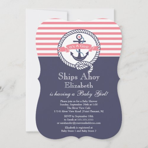 Modern Anchor Nautical Sailboat Girl Baby Shower Invites