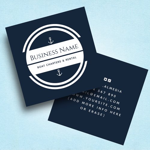 Modern Anchor Sailing Fishing Deep Blue Minimalist Square Business Card