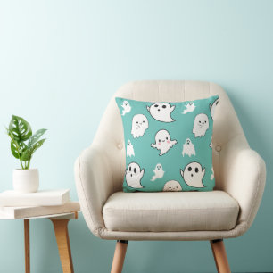 Modern and Adorable Ghosts Mint Green Halloween Throw Pillow