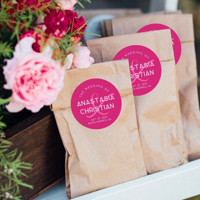 Modern and Bold Magenta Wedding Classic Round Sticker (Creator Uploaded)