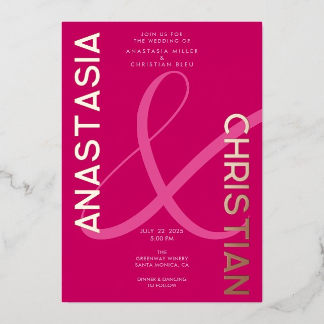 Modern and Bold Magenta Wedding Foil Invitation (Front)