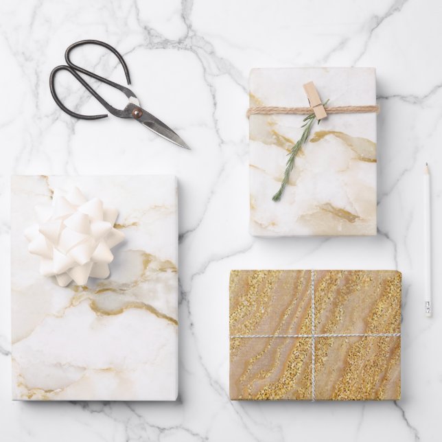Modern and chic white marble gold glitter  wrapping paper sheets (Front)