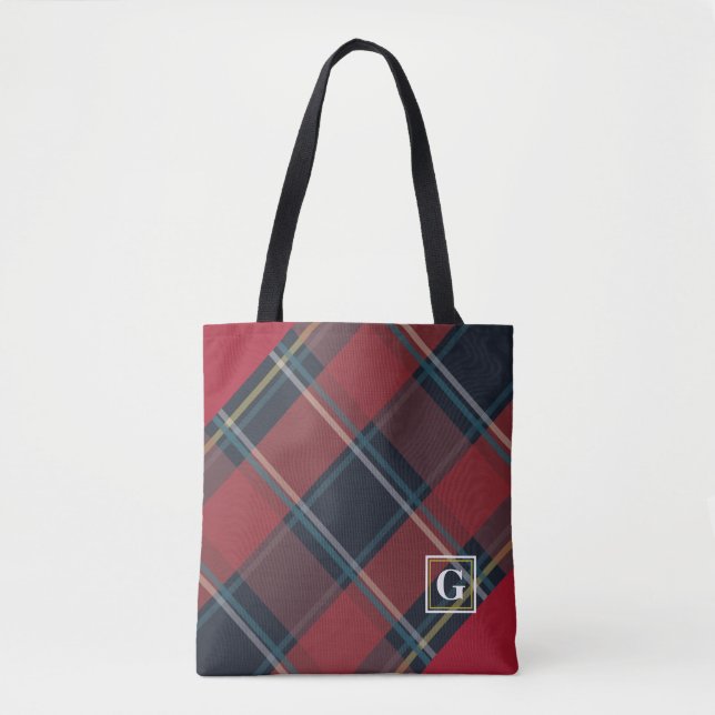Modern and Classic Red and Blue Plaid Monogram Tote Bag (Front)