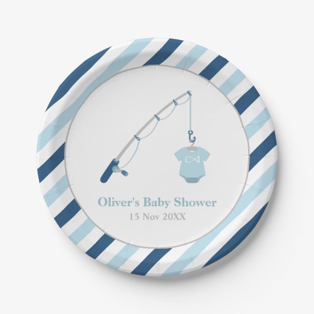 Modern and Cute Fishing Baby Shower Supplies Paper Plates (Front)