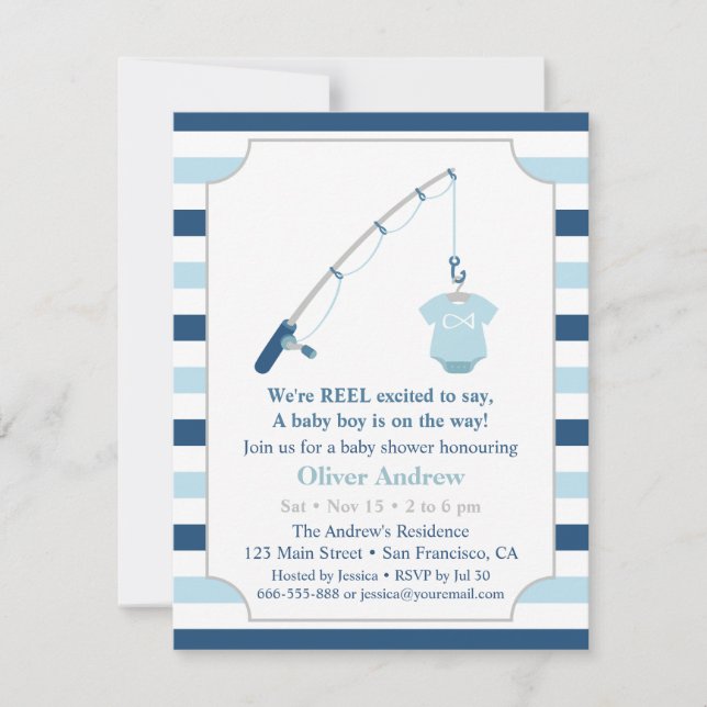Modern and Cute Fishing Themed Baby Shower Invitation (Front)