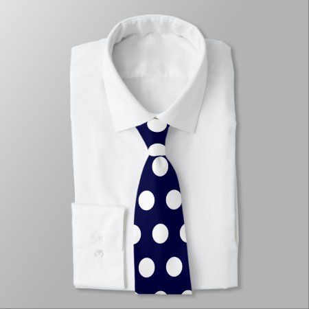 Modern And Cute Large Navy Blue, White Polka Dots Neck Tie