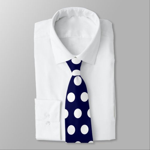 Modern and cute large navy blue white polka dots neck tie