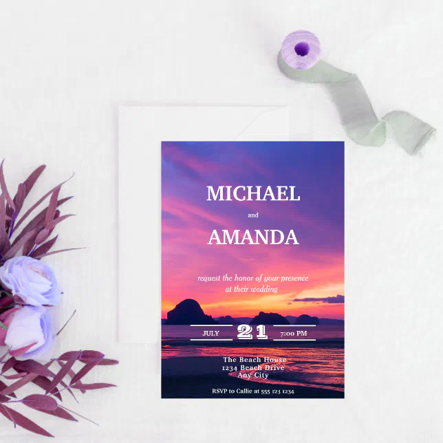 Modern and Elegant Beach Sunset Wedding Invitation | Zazzle
