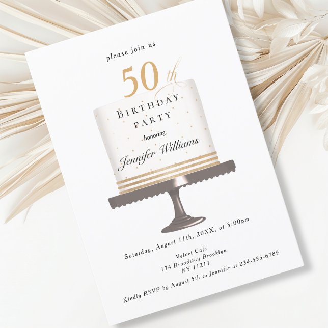 Modern and elegant birthday invitation (Modern, elegant, birthday cake, white & gold invitation.)