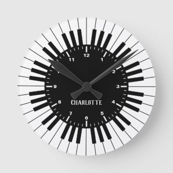 Modern And Elegant Black And White Piano Keyboard Round Clock by AZ_DESIGN at Zazzle