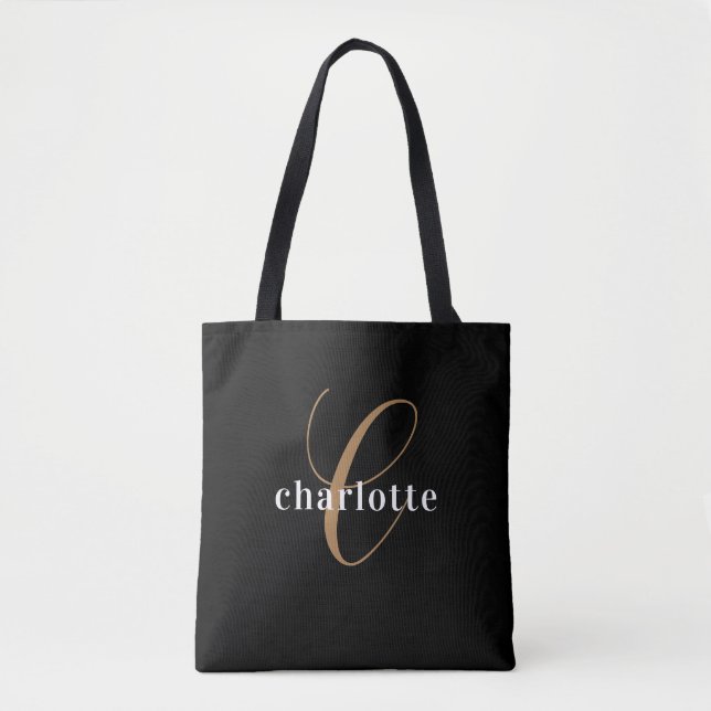 Modern and Elegant Black Personalized Monogram Tote Bag (Front)