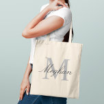 Modern and Elegant Black Personalized Monogram Tote Bag<br><div class="desc">Modern and elegant tote bag features a simple and minimal custom gray and black (colors can be modified) personalized monogram design that can be personalized with an initial and name in script. Perfect gift for your wedding party - maid of honor, bridesmaids, mothers of the bride and groom, and flower...</div>
