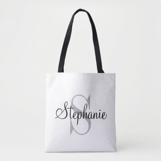Modern and Elegant Black Personalized Monogram Tote Bag (Front)