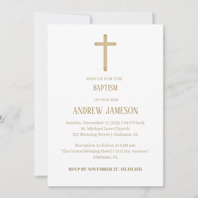 Modern and Elegant Christian Gold Cross | Baptism Invitation (Front)