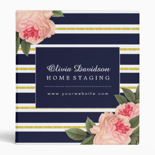 Modern and Elegant Coral Peonies on Navy Binder