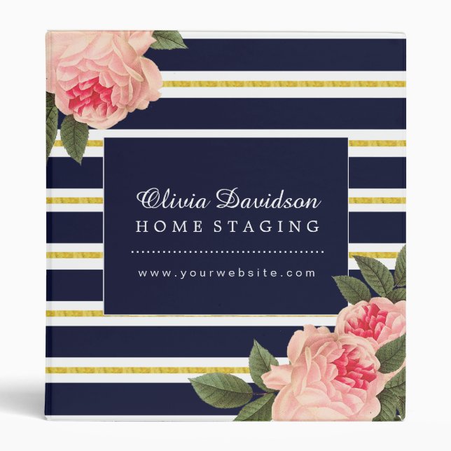 Modern and Elegant Coral Peonies on Navy Binder (Front)