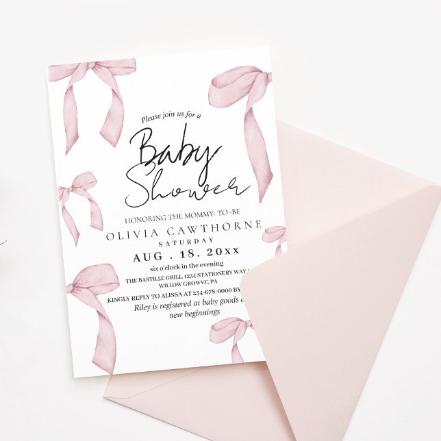 Modern and Elegant Dusty Pink Bow Baby Shower  Invitation (Creator Uploaded)