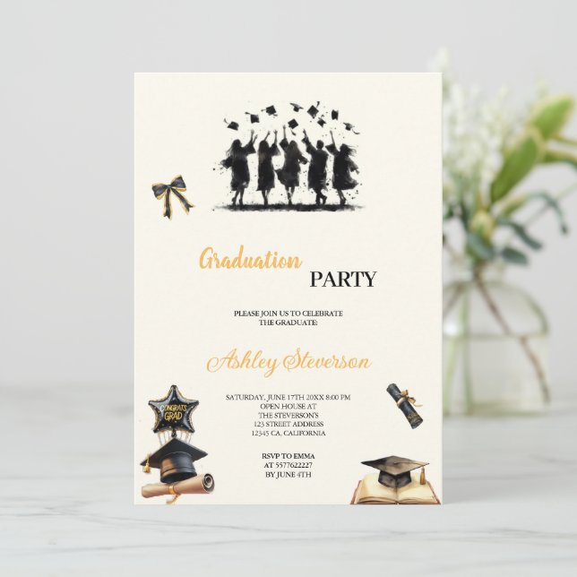 MODERN AND ELEGANT GOLD AND BLACK GRADUATION PARTY INVITATION (Standing Front)