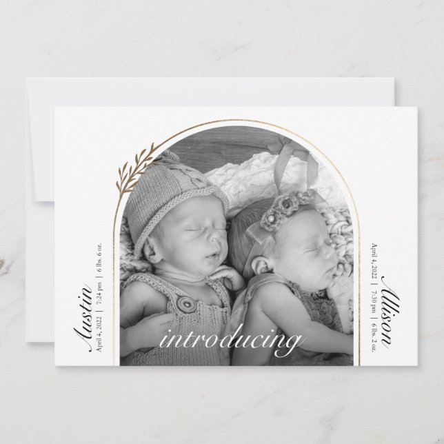 Modern and Elegant Golden Arch Twins Birth Announcement (Front)