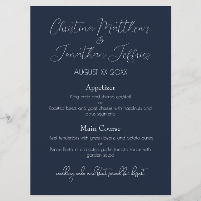 Modern and Elegant Navy Blue Wedding Menu (Front)