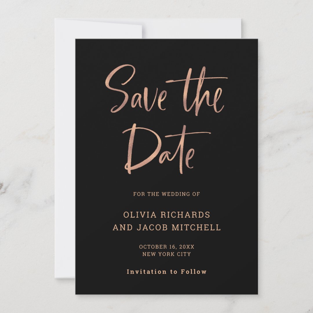 Modern and Elegant | Rose Gold and Black Wedding Save The Date | Zazzle