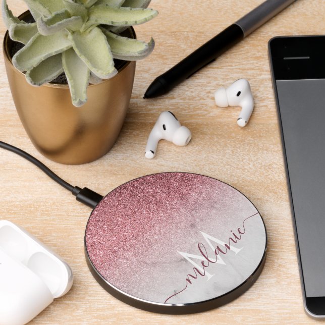 Modern And Elegant Rose Gold Glitter Marble  Wireless Charger (Desk 2)