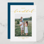 Modern and Elegant Script Happy Hanukkah Photo Foil Holiday Card<br><div class="desc">Happy Hanukkah! Send Hanukkah wishes to family and friends with this customizable gold foil Hanukkah card. It features elegant calligraphy and simple typography. Personalize by adding names and a photo. This elegant Happy Hanukkah card is available on other cardstock.</div>