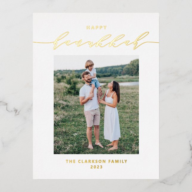 Modern and Elegant Script Happy Hanukkah Photo Foil Holiday Postcard (Front)
