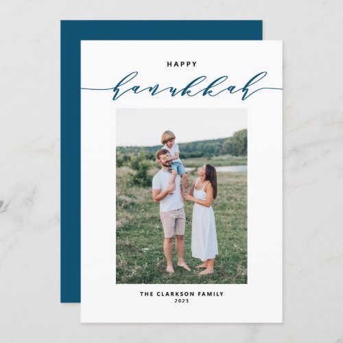 Modern and Elegant Script Happy Hanukkah Photo Holiday Card