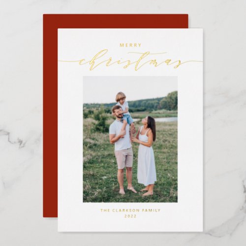 Modern and Elegant Script Merry Christmas Photo Foil Holiday Card