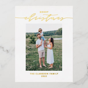 Modern and Elegant Script Merry Christmas Photo Foil Holiday Postcard