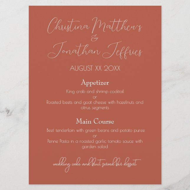 Modern and Elegant Terracotta Wedding Dinner Menu (Front)