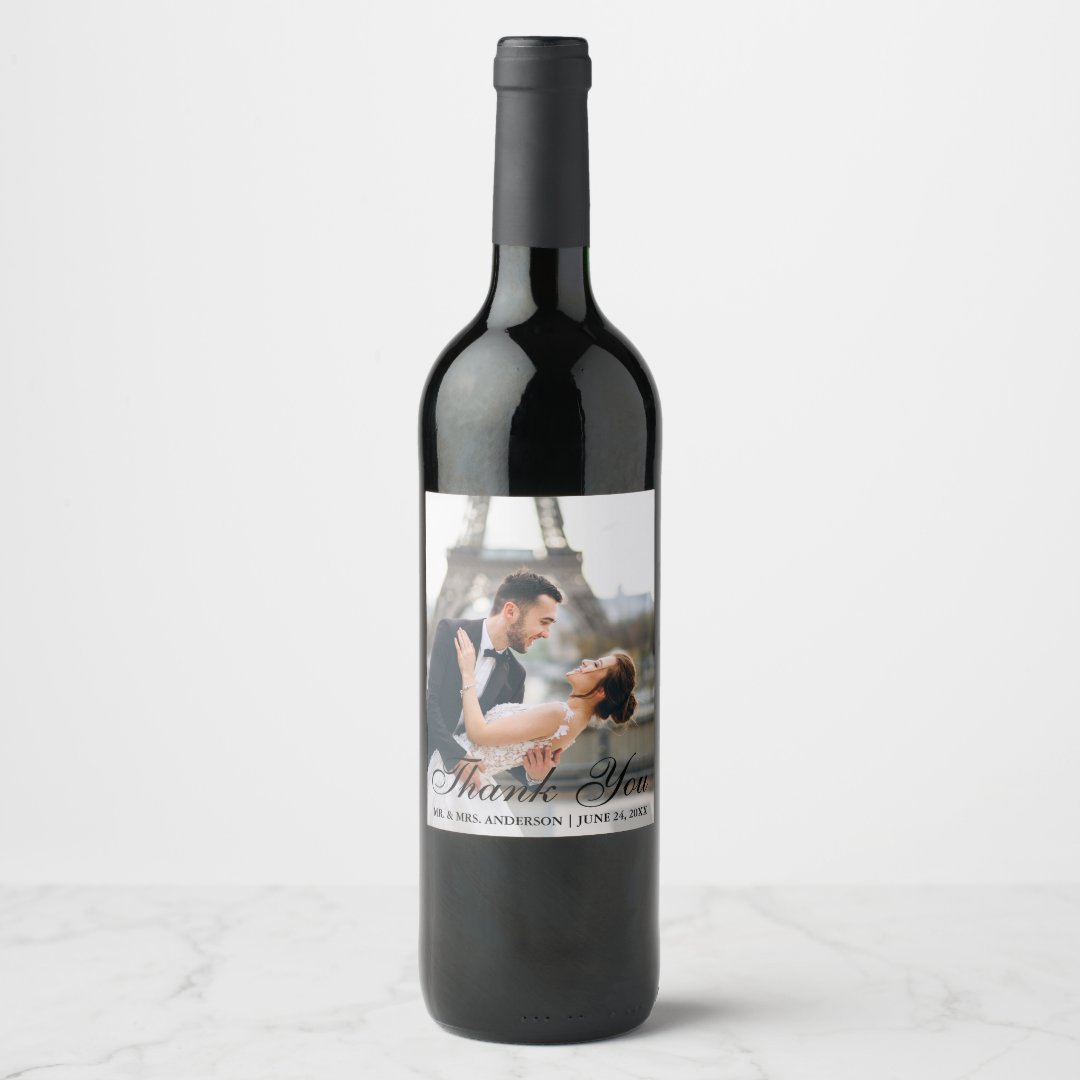 Modern and Elegant Wedding Photo Thank You Wine Label | Zazzle