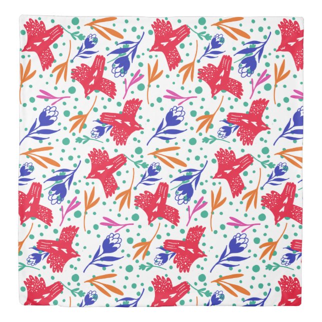 Modern and fun pattern of birds and flowers duvet cover (Front)