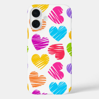 Modern and Girly Vibrant Doodled Hearts Pattern iPhone 16 Case