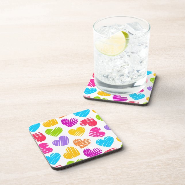 Modern and Girly Vibrant Doodled Hearts Pattern Coaster (Right Side)