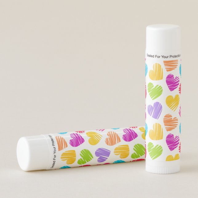Modern and Girly Vibrant Doodled Hearts Pattern Lip Balm (Front)