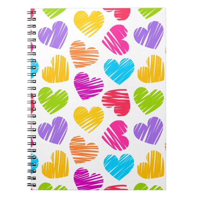 Modern and Girly Vibrant Doodled Hearts Pattern Notebook (Front)