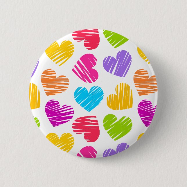 Modern and Girly Vibrant Doodled Hearts Pattern Pinback Button (Front)