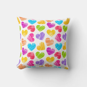 Modern and Girly Vibrant Doodled Hearts Pattern Throw Pillow